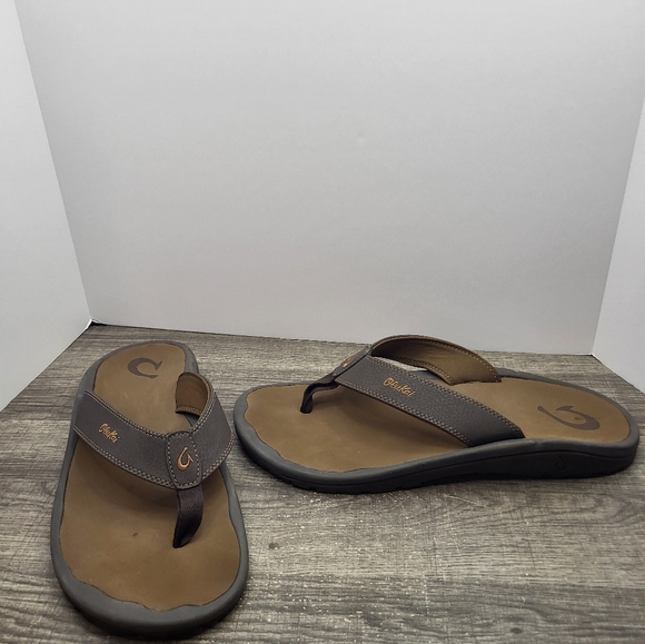 Olukai 'Ohana Dark Java/Ray Brown Leather Flip Flops Men’s US Size 13 - Picture 1 of 9